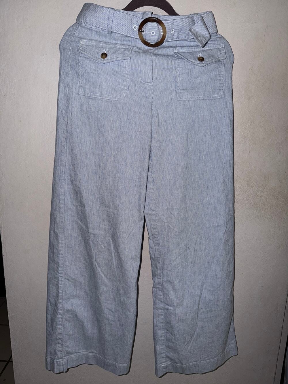 LOFT Linen Blend Wide Leg Pants Size 00 Blue Striped Belted